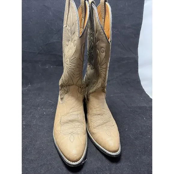 Vintage Boots Mens 9 D Western Cowboy Tan Faux Leather Pull On Mid-Calf Block - Picture 1 of 8